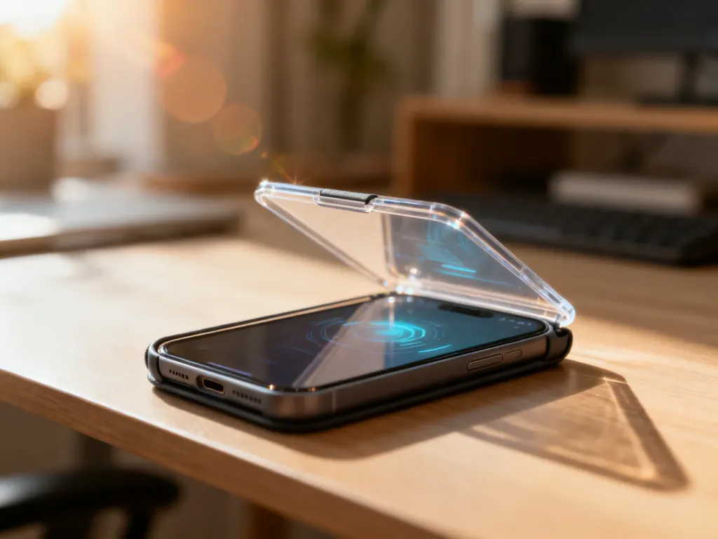 Nowoczesny smartfon w etui typu Clear View leżący na drewnianym biurku, prezentujący podświetlony interfejs przez klapkę.
