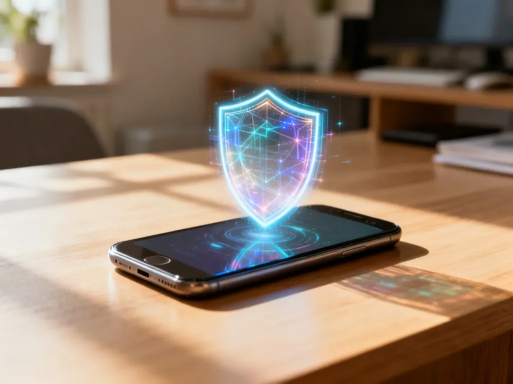 Smartfon na biurku z ikoną cyfrowej tarczy na ekranie, symbolizującą ochronę urządzenia przed wirusami.