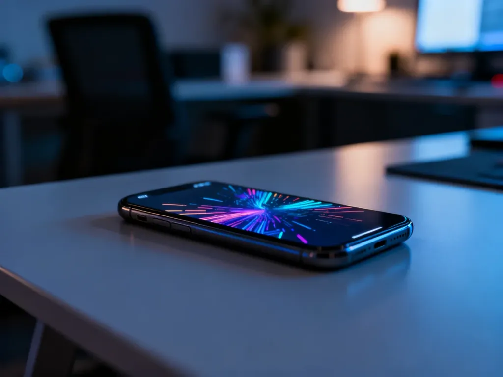 Nowoczesny smartfon z Androidem leżący na minimalistycznym biurku z widocznym kolorowym ekranem dotykowym.