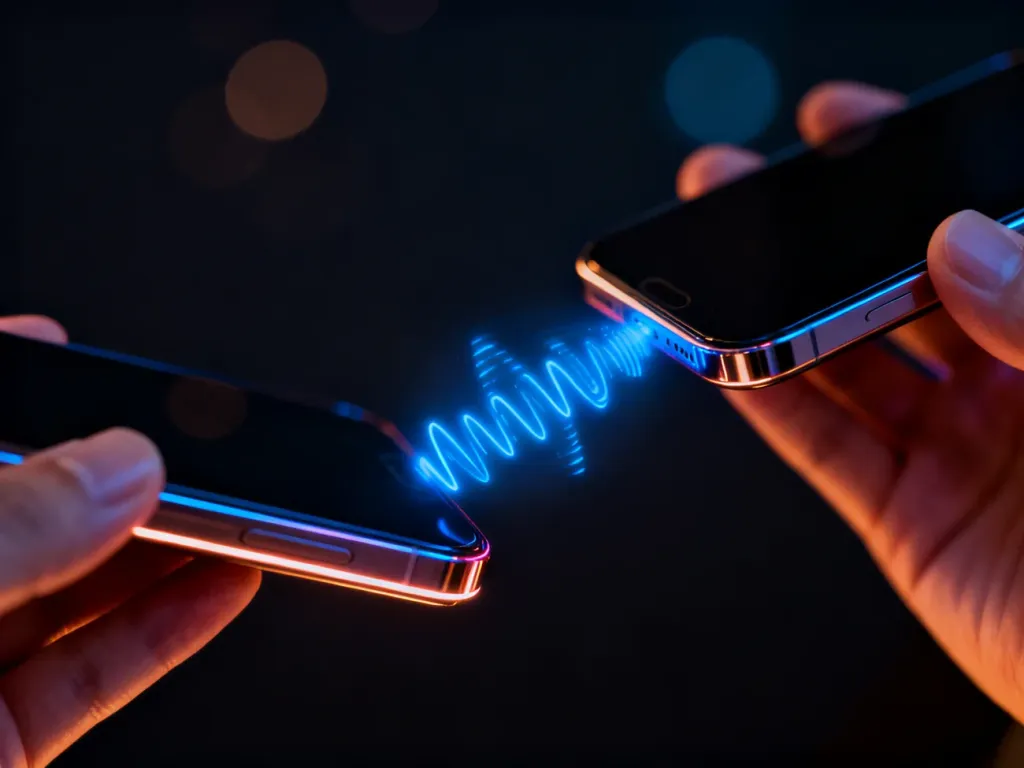 Dwa smartfony zbliżone do siebie, między którymi widać niebieską poświatę symbolizującą bezprzewodowe przesyłanie danych.