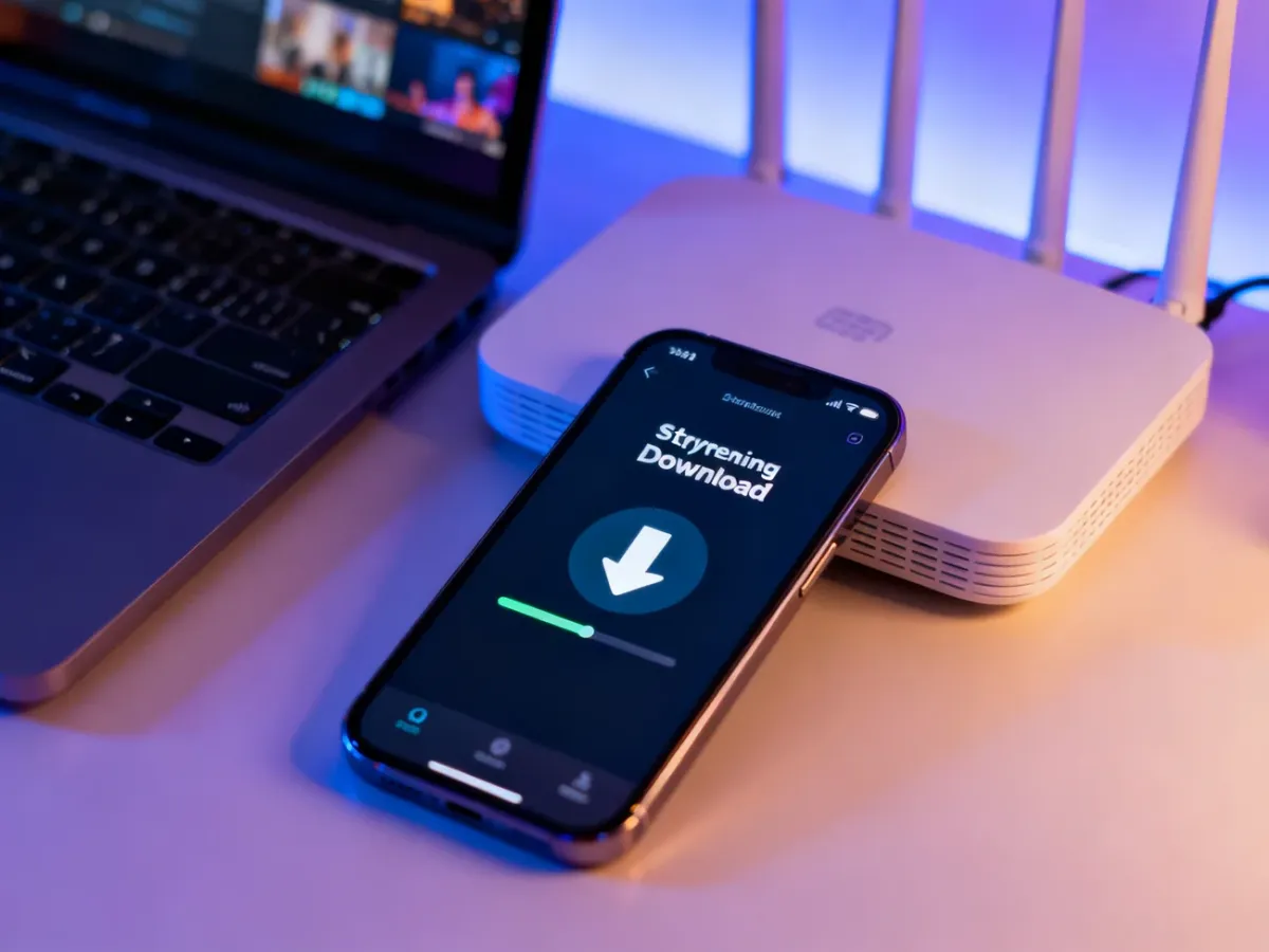 Smartfon z aplikacją streamingową pobierającą film do oglądania offline