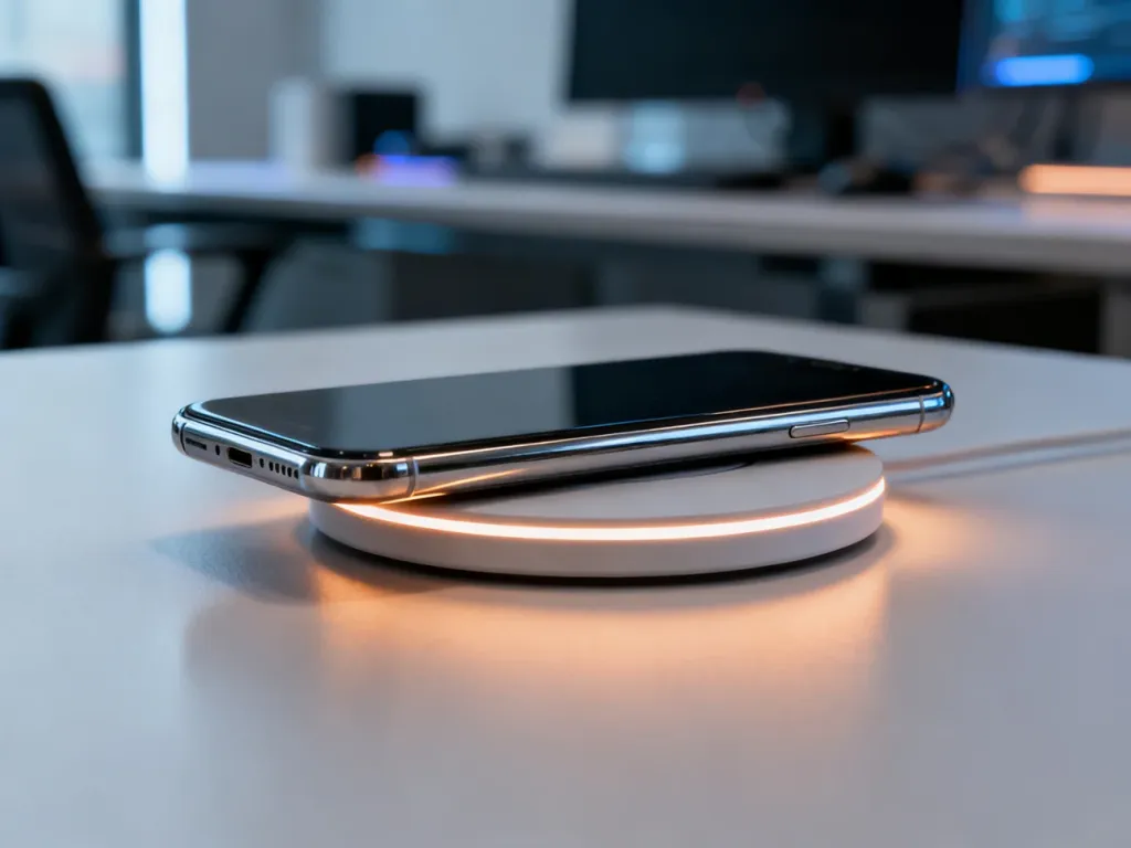 Smartfon Samsung S24 Ultra umieszczony na bezprzewodowej ładowarce indukcyjnej z delikatnym podświetleniem.