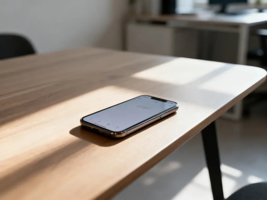 Smartfon z czystym interfejsem systemu Android leżący na drewnianym biurku w słonecznym, domowym biurze.