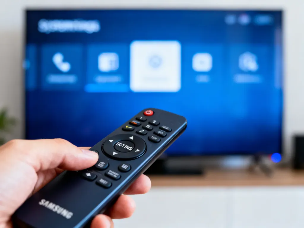 Dłoń trzymająca pilot do telewizora Samsung na tle menu ustawień wyświetlanego na ekranie.