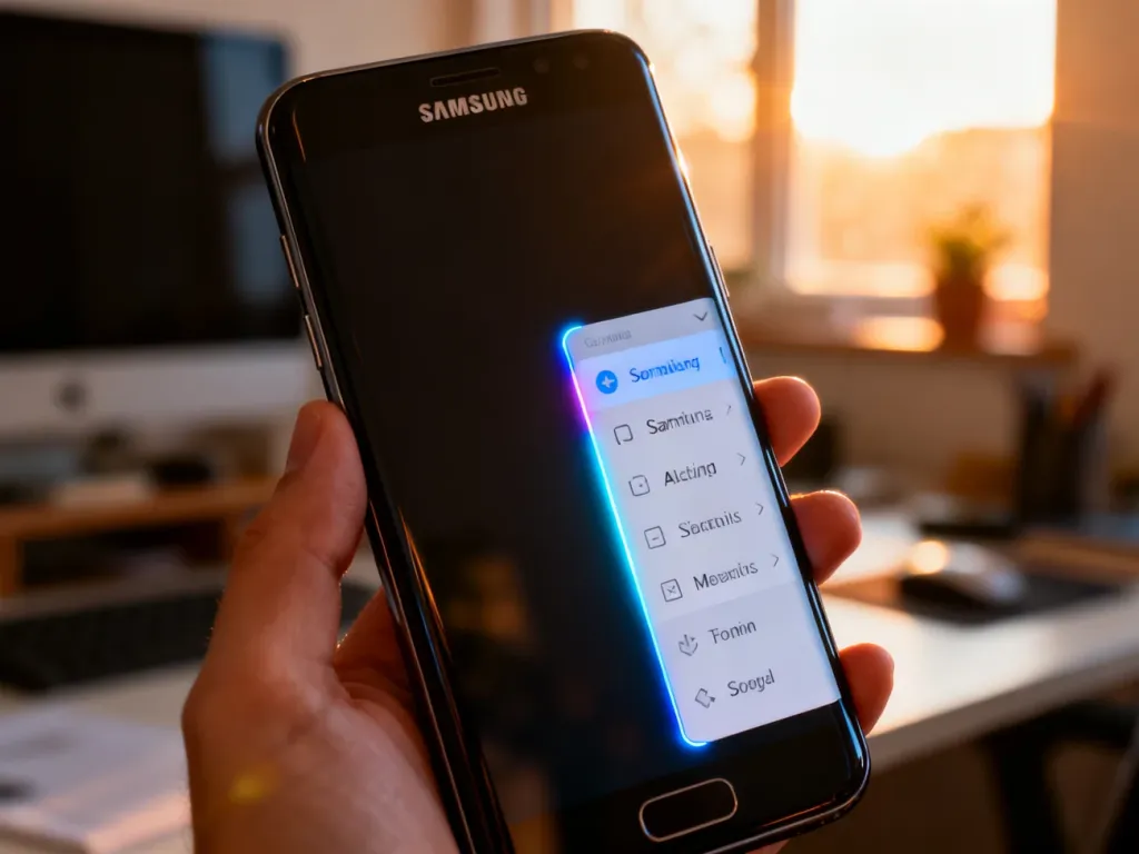 Smartfon Samsung trzymany w dłoni z widocznym, podświetlonym panelem bocznym na krawędzi ekranu.