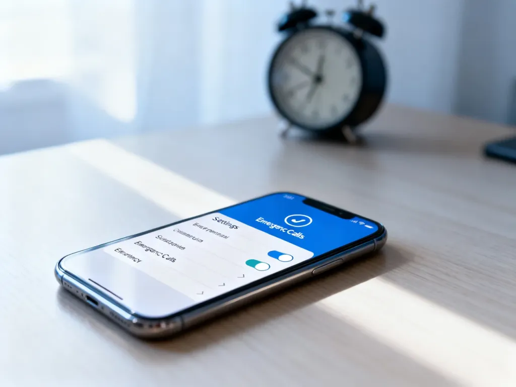Smartfon na drewnianym biurku z widocznym menu ustawień połączeń alarmowych na ekranie.