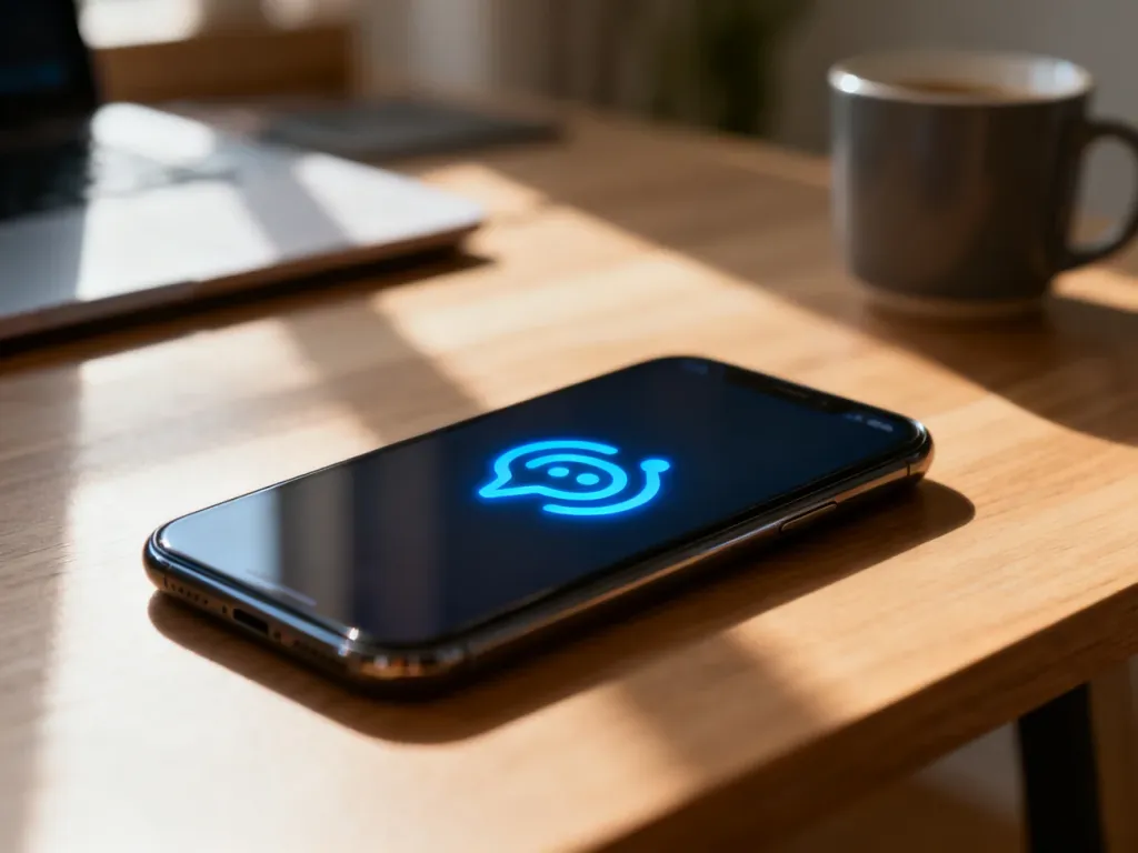 Nowoczesny smartfon z ikoną komunikatora na ekranie, leżący na drewnianym biurku w przytulnym domowym biurze.