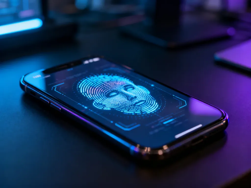 Ekran smartfona z aktywnym interfejsem skanowania twarzy w technologii biometrycznej.