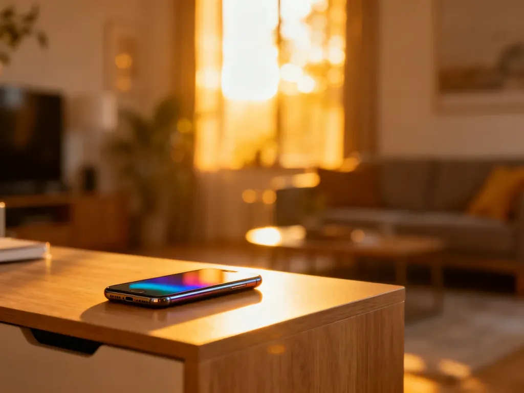 Nowoczesny smartfon leżący na drewnianym biurku w przytulnym, nasłonecznionym wnętrzu.