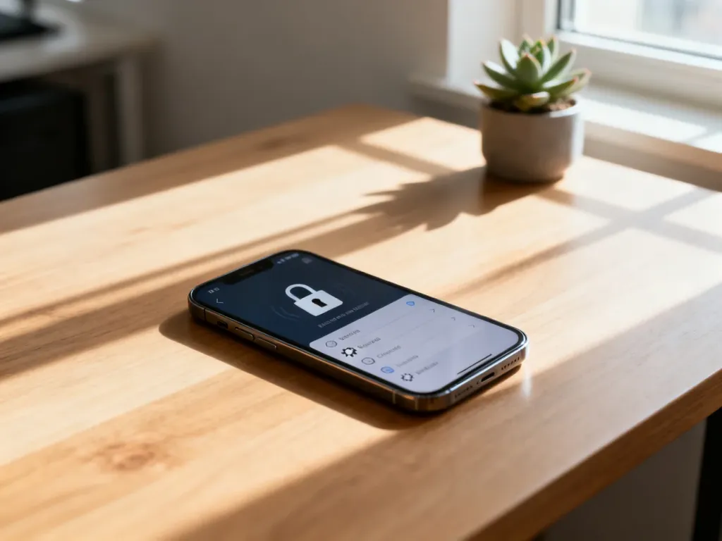 Nowoczesny smartfon na biurku z ikoną kłódki i menu ustawień na ekranie, ilustrujący proces konfiguracji blokady telefonu.