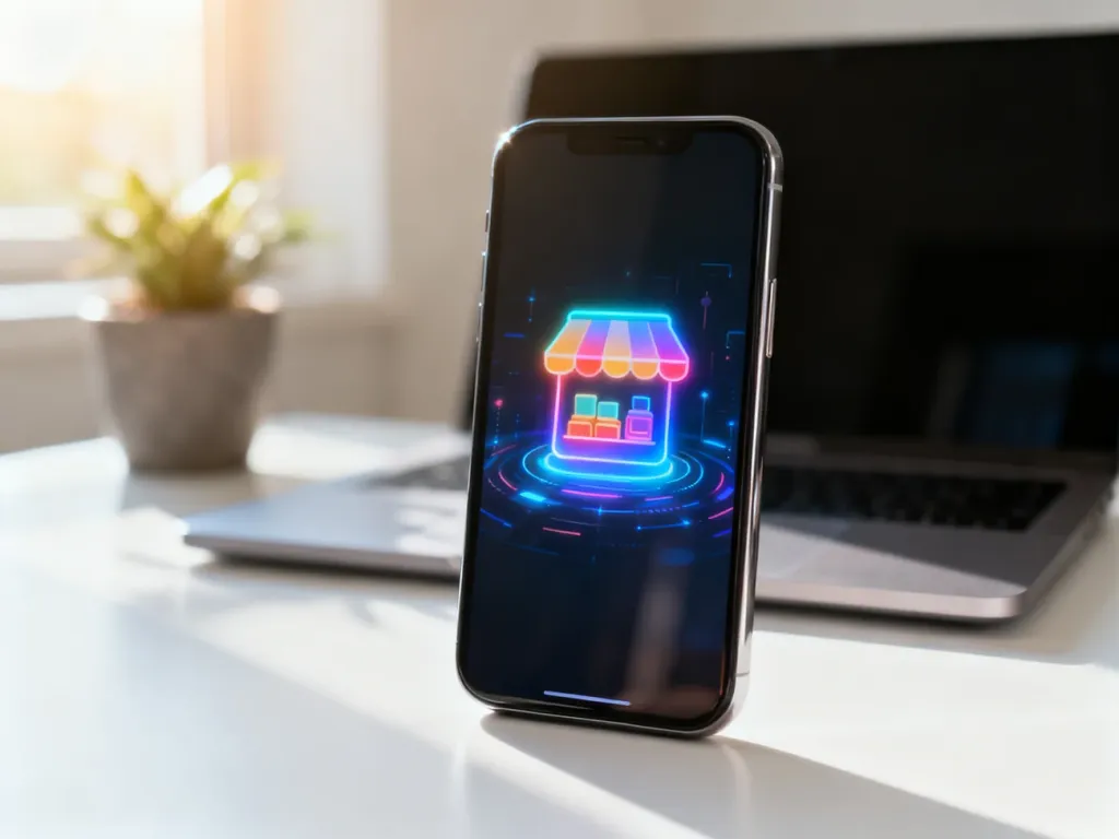 Nowoczesny smartfon z ikoną sklepu z aplikacjami na ekranie, leżący na minimalistycznym biurku w jasnym biurze.