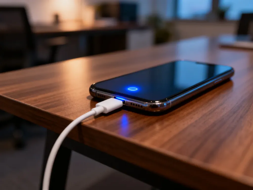 Nowoczesny smartfon podłączony do ładowarki na drewnianym biurku, sygnalizujący proces ładowania baterii.