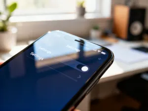 Nowoczesny smartfon z wyświetlonym cyfrowym ostrzeżeniem o zagrożeniu bezpieczeństwa na tle serwerowni.
