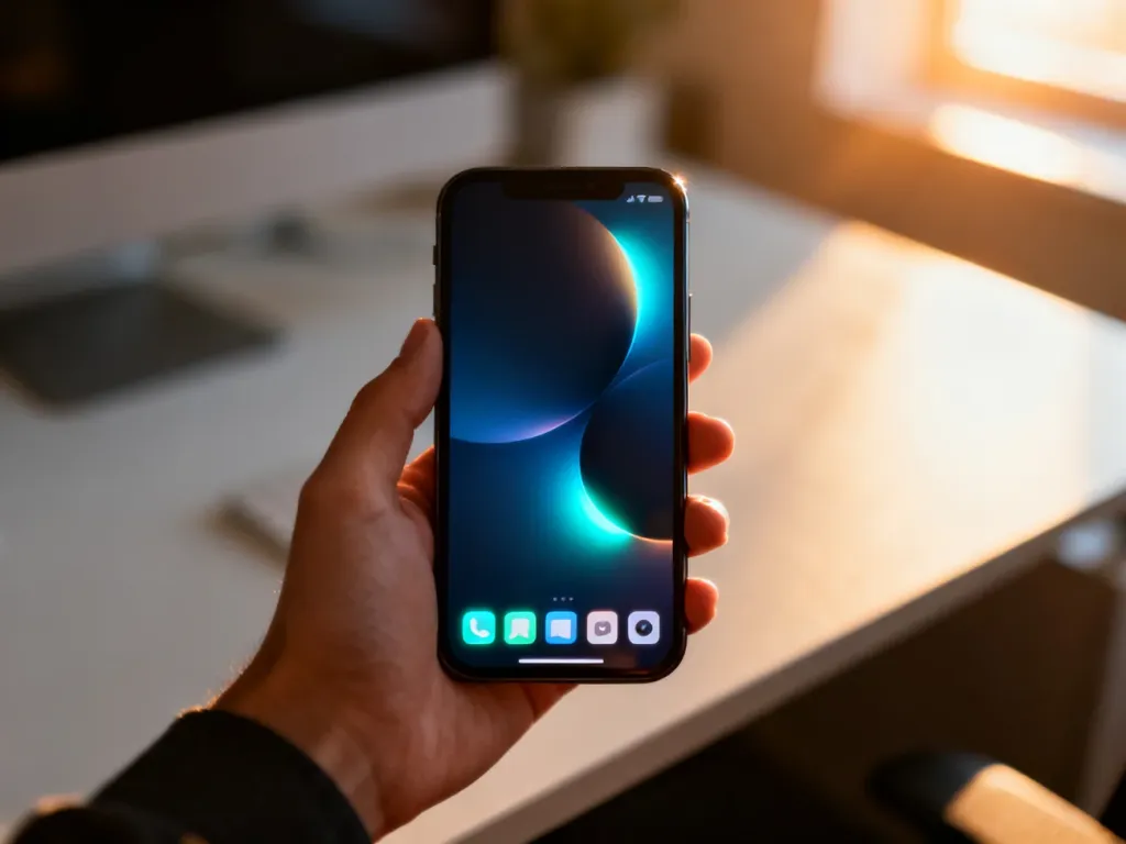 Dłoń trzymająca nowoczesny smartfon z widocznym interfejsem aplikacji na tle minimalistycznego biura.