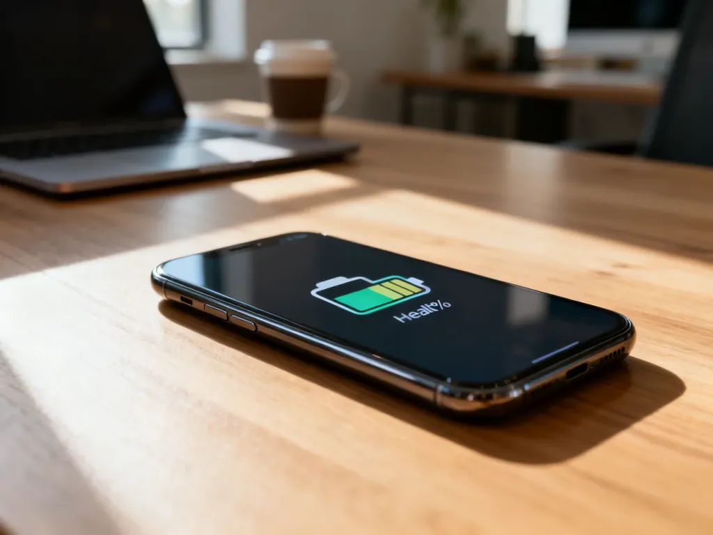 Nowoczesny smartfon leżący na biurku z ikoną stanu baterii na ekranie, ilustrujący proces sprawdzania kondycji akumulatora.