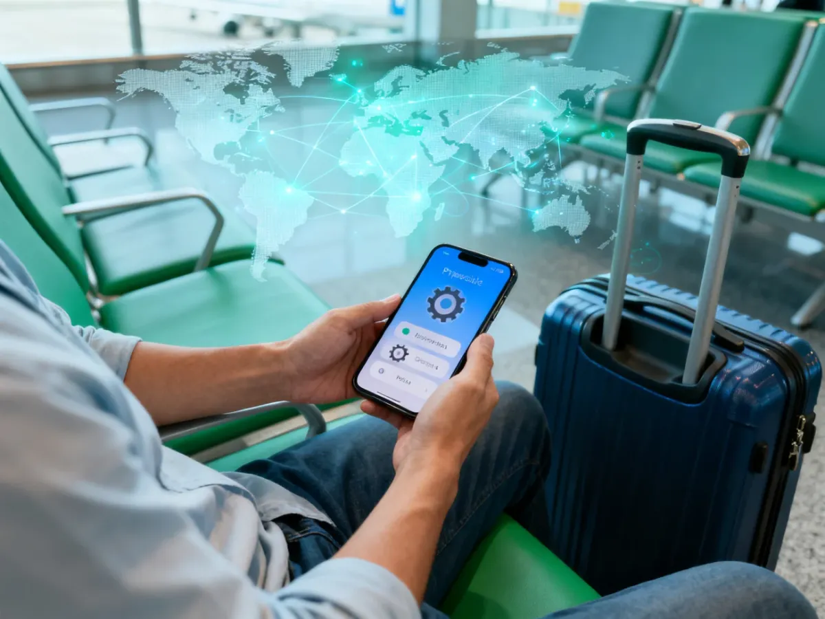 Podróżny konfigurujący mobilną transmisję danych na smartfonie w strefie lotniska