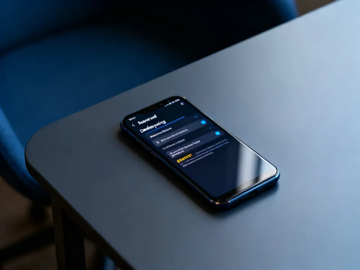 Smartfon z otwartym menu opcji programisty na biurku