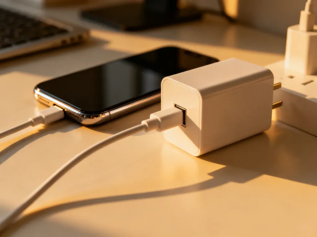 Smartfon podłączony kablem USB-C do ładowarki sieciowej na minimalistycznym biurku.