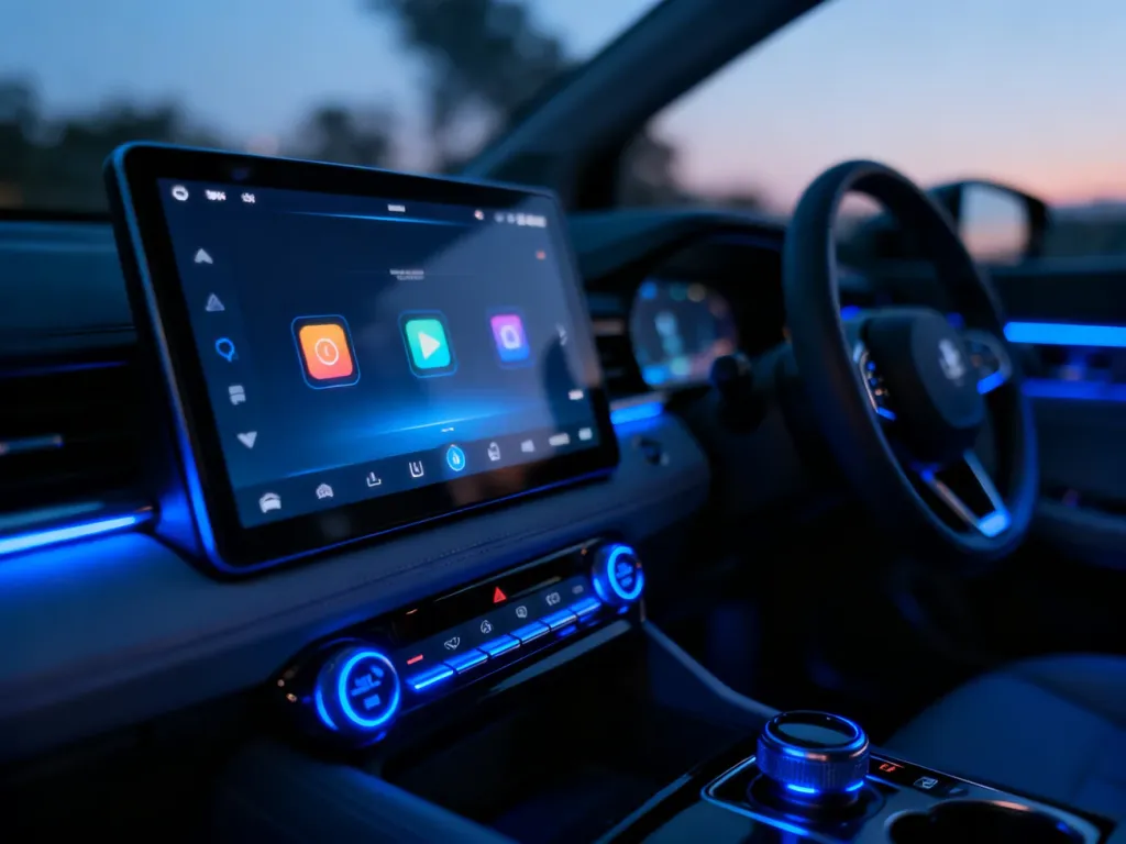 Nowoczesny ekran dotykowy w samochodzie z wyświetloną nawigacją, gotowy do obsługi systemu CarPlay.