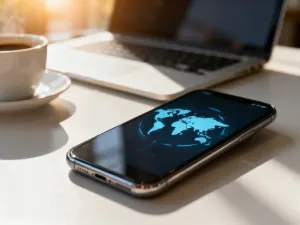 Nowoczesny smartfon z kolorowym interfejsem systemu Android na minimalistycznym biurku w świetle poranka.