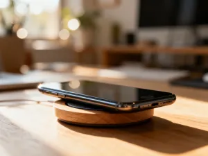 Nowoczesny smartfon na drewnianym biurku z wyświetloną mapą i pinezką lokalizacji w przytulnym domowym biurze.