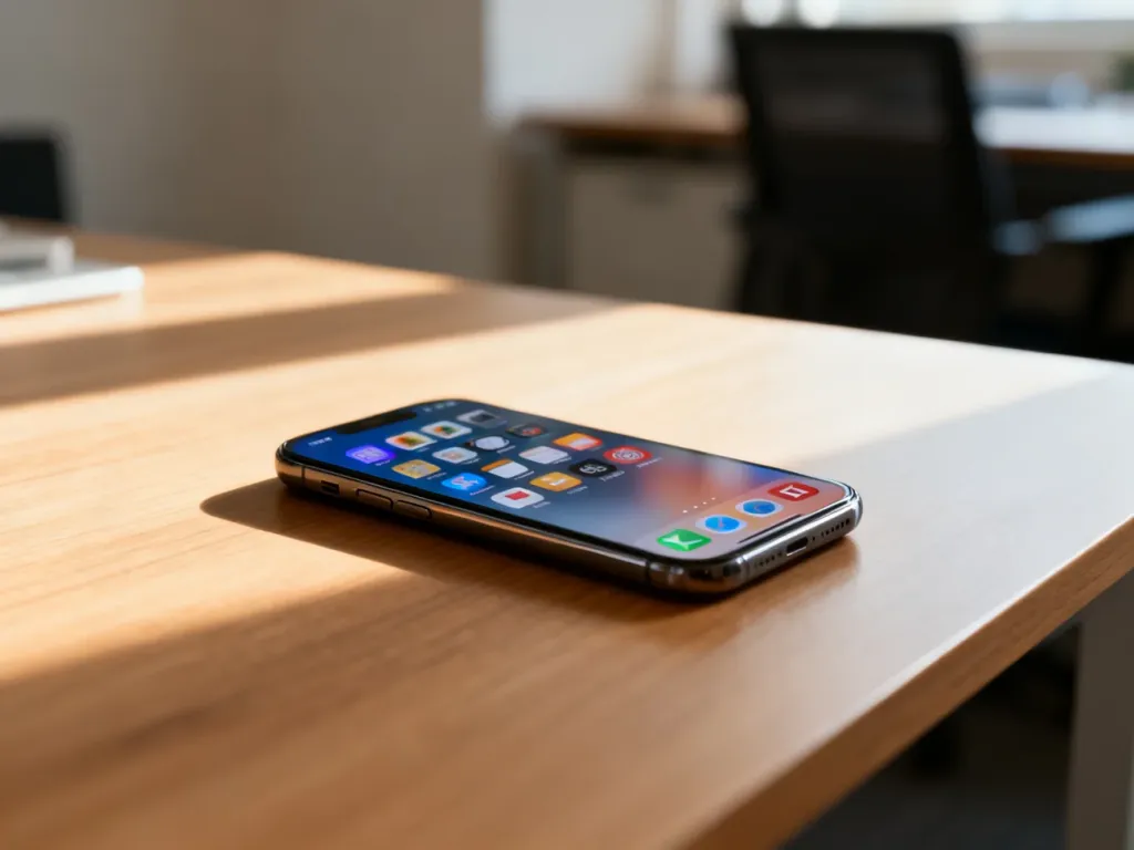 Nowoczesny smartfon z odblokowanym ekranem głównym leżący na drewnianym biurku w świetle poranka.