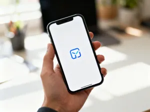 Nowoczesny smartfon na biurku z ikoną połączenia przychodzącego, symbolizujący aktywną funkcję identyfikacji rozmówcy.