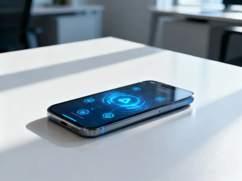 Nowoczesny smartfon na minimalistycznym biurku z wyświetlonymi ikonami aktualizacji oprogramowania.