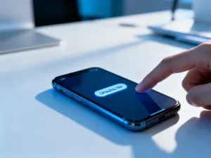 Uszkodzony smartfon leżący na biurku obok laptopa z oprogramowaniem do odzyskiwania danych.