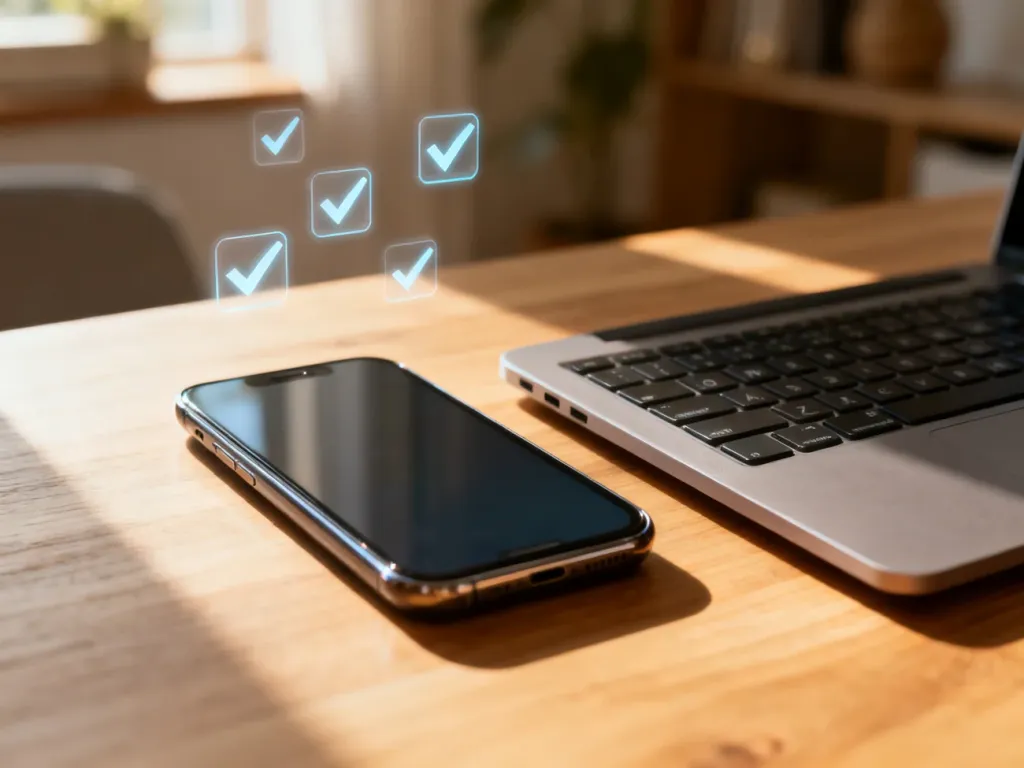 Nowoczesny smartfon i klawiatura laptopa na biurku z ikonami korekty tekstu, symbolizujące włączoną funkcję autokorekty.