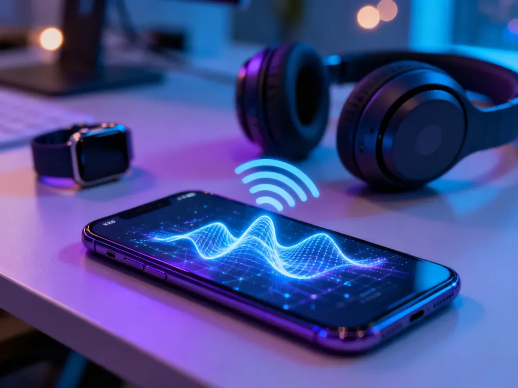 Ekran smartfona z cyfrową falą symbolizującą łączność bezprzewodową oraz słuchawki i smartwatch w tle.