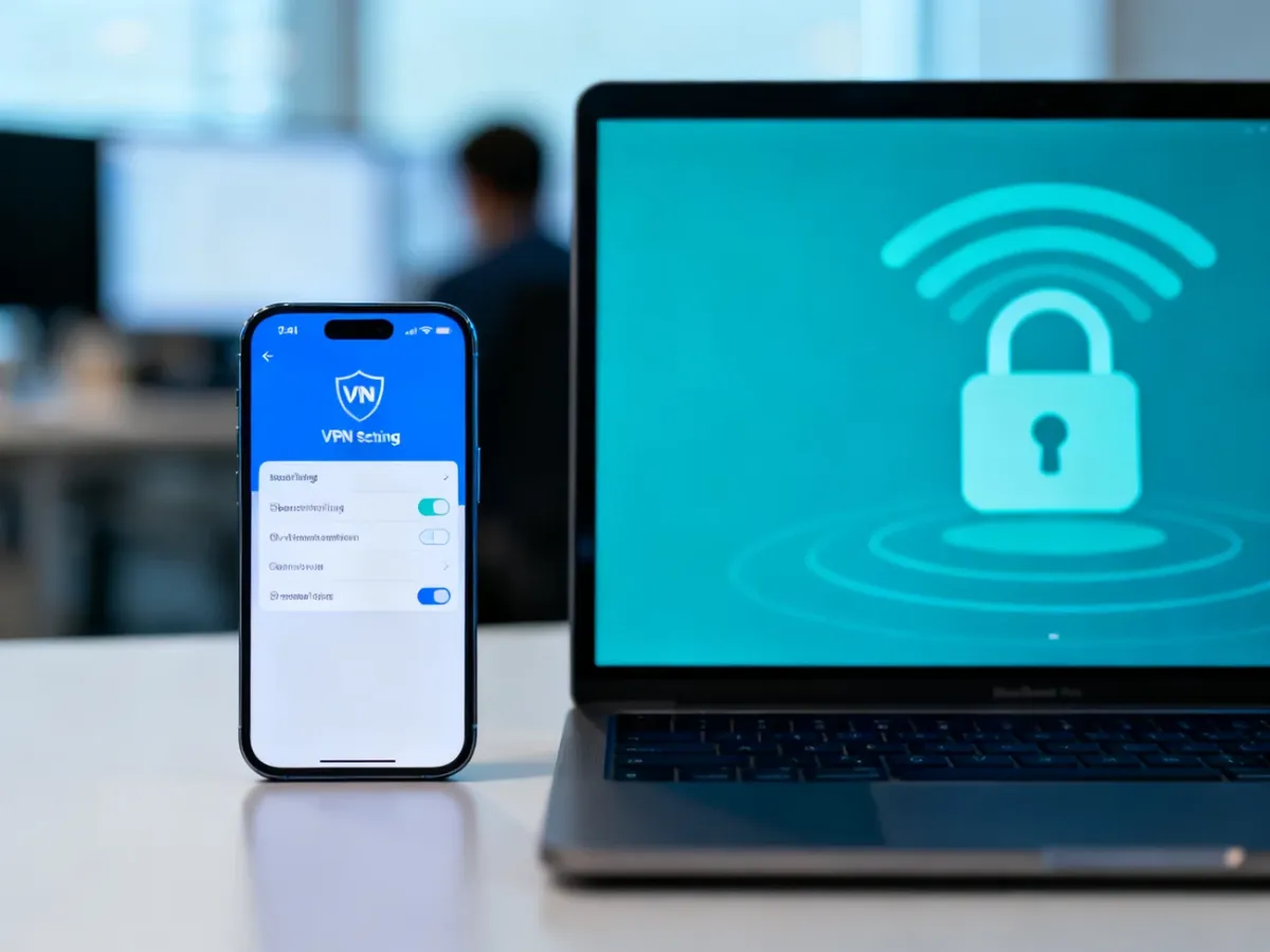 iPhone z ustawieniami VPN obok laptopa w nowoczesnym biurze