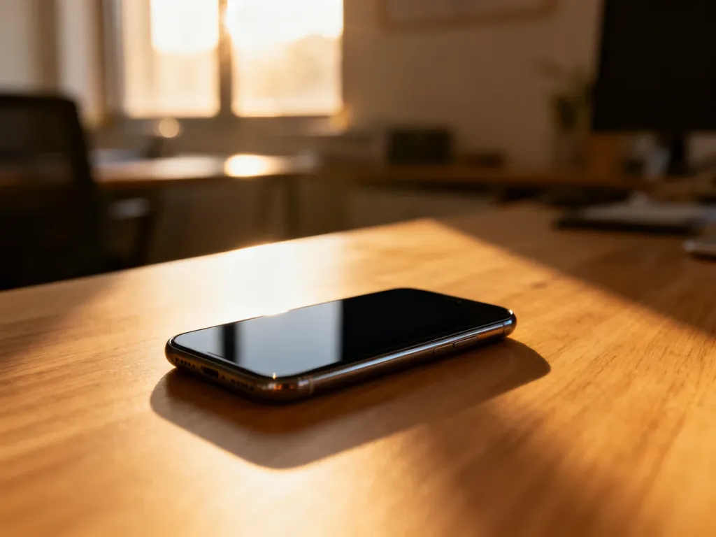 Nowoczesny smartfon z wygaszonym ekranem leżący na drewnianym biurku, symbolizujący wyłączone funkcje cyfrowe.