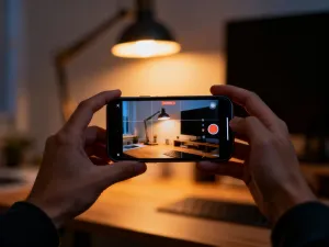 Nowoczesny smartfon z ikoną mapy świata na ekranie, symbolizujący zmianę lokalizacji w sklepie Google Play.