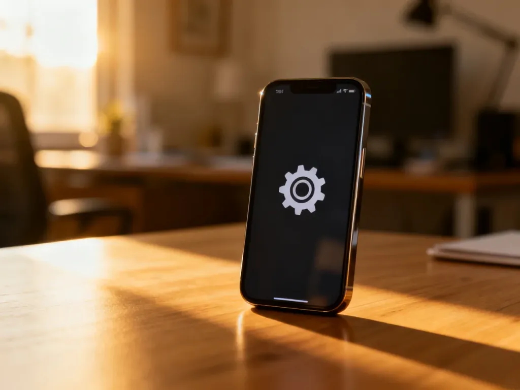 Nowoczesny smartfon z ikoną ustawień na ekranie, leżący na drewnianym biurku w domowym biurze.