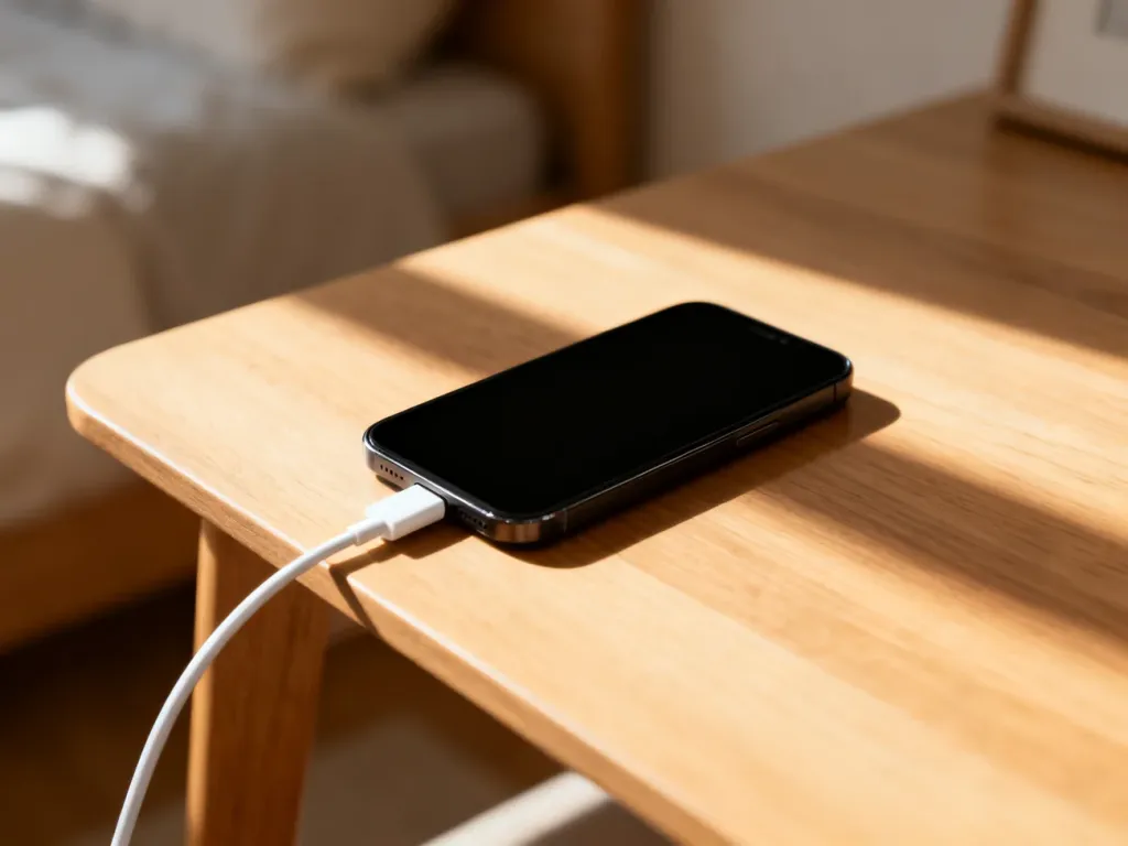 Wyłączony iPhone podłączony do ładowarki na drewnianym biurku w świetle poranka.
