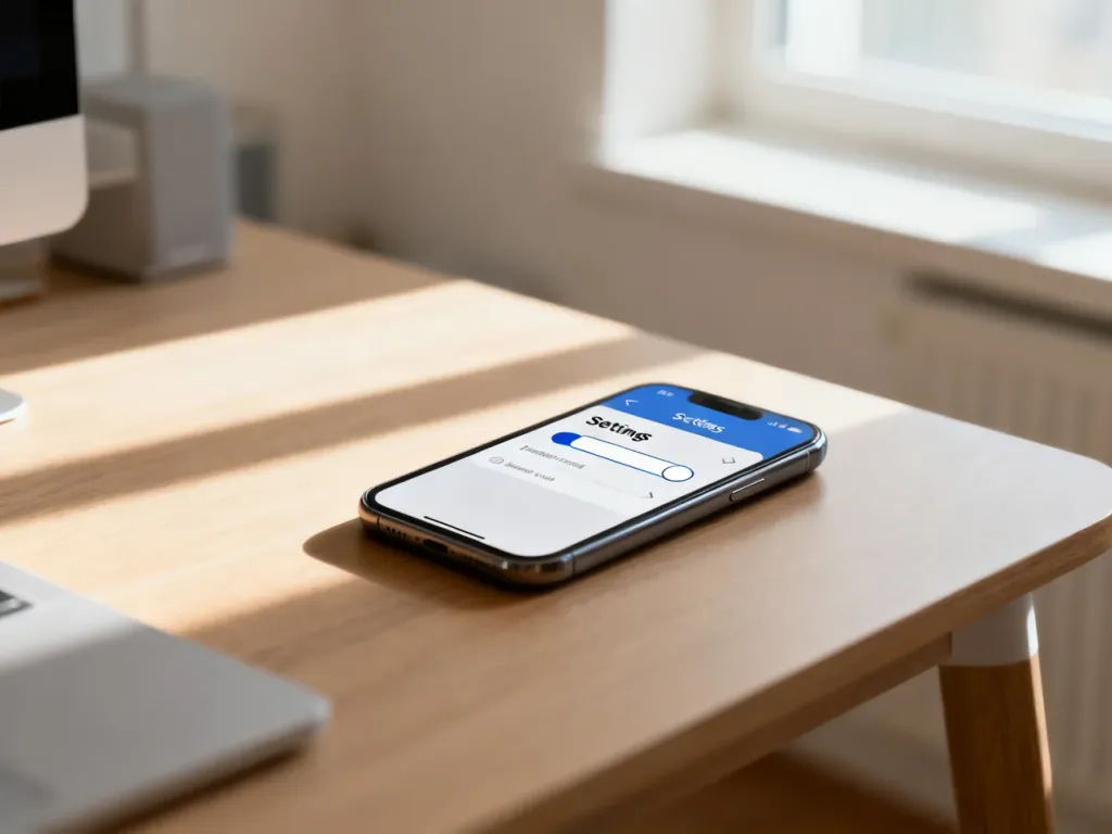 Nowoczesny smartfon na drewnianym biurku z wyłączanym przełącznikiem w ustawieniach, symbolizujący cyfrowy dobrostan.