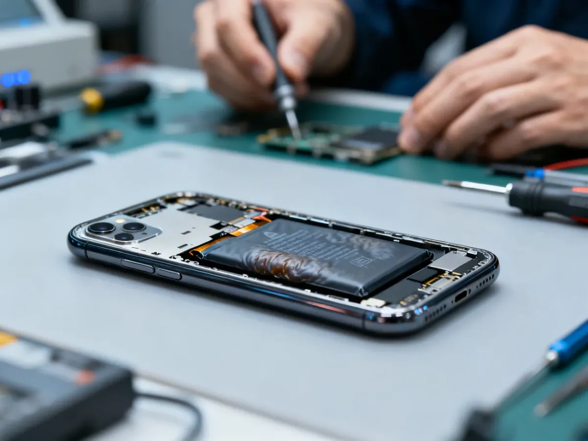 Smartfon z widocznie zużytą baterią przygotowany do profesjonalnej diagnostyki