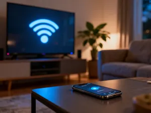 Zablokowany smartfon leżący na ciemnym biurku w wieczornym świetle, symbolizujący utracone urządzenie.