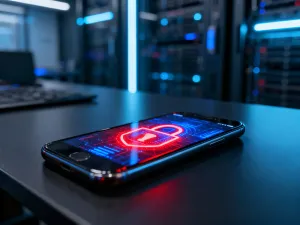 Nowoczesny smartfon na biurku z ikoną połączenia przychodzącego, symbolizujący aktywną funkcję identyfikacji rozmówcy.