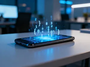 Nowoczesny smartfon z niedziałającym ekranem leżący na biurku obok narzędzi serwisowych, gotowy do naprawy.