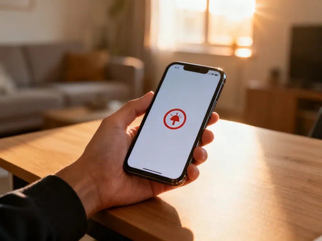 Smartfon trzymany w dłoni z wyświetloną ikoną powiadomienia alarmowego na tle słonecznego salonu.