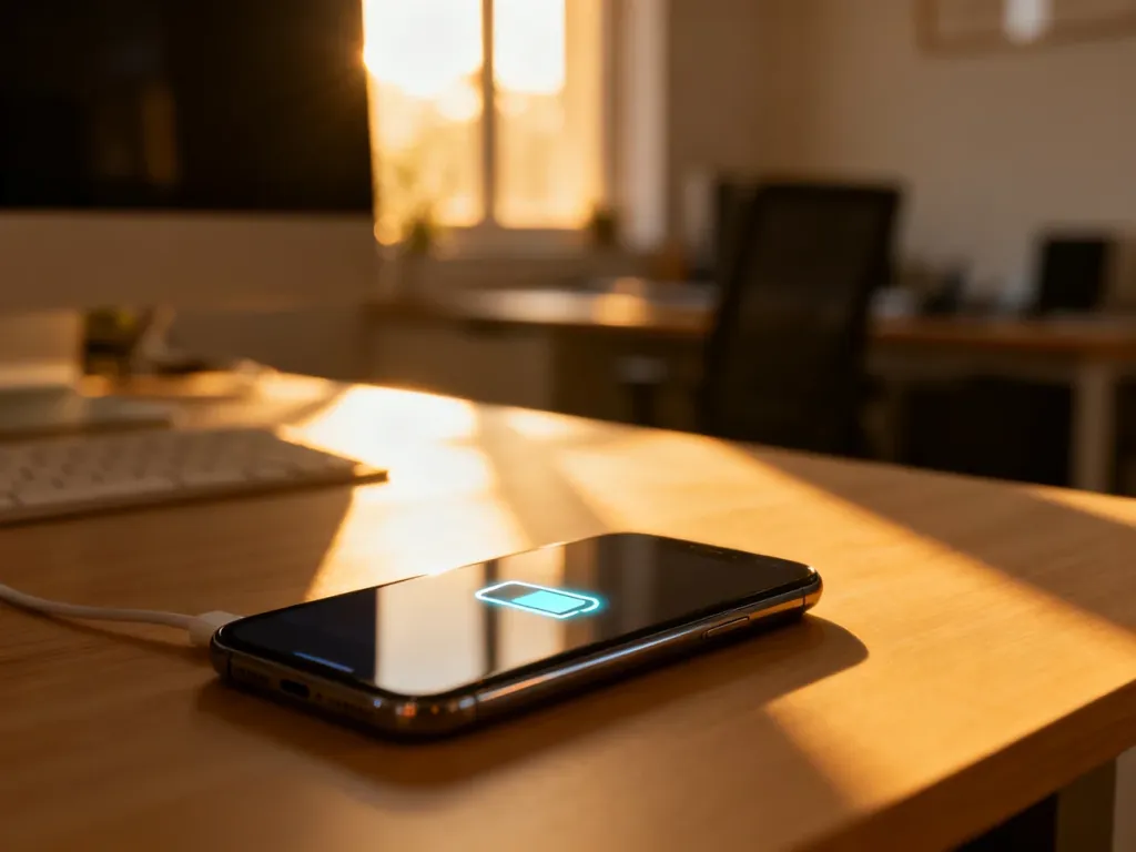 Smartfon leżący na drewnianym biurku z widoczną ikoną ładowania baterii na ekranie.