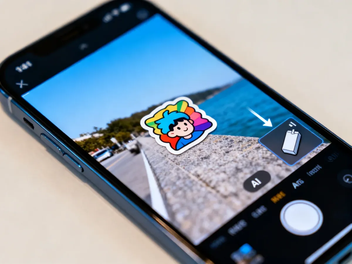 iPhone showing an embedded sticker in a photo editor with an AI removal tool