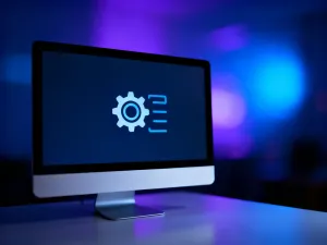 Ekran smartfona z wyświetlonymi ustawieniami systemowymi i kodem oprogramowania w nowoczesnym, technologicznym stylu.