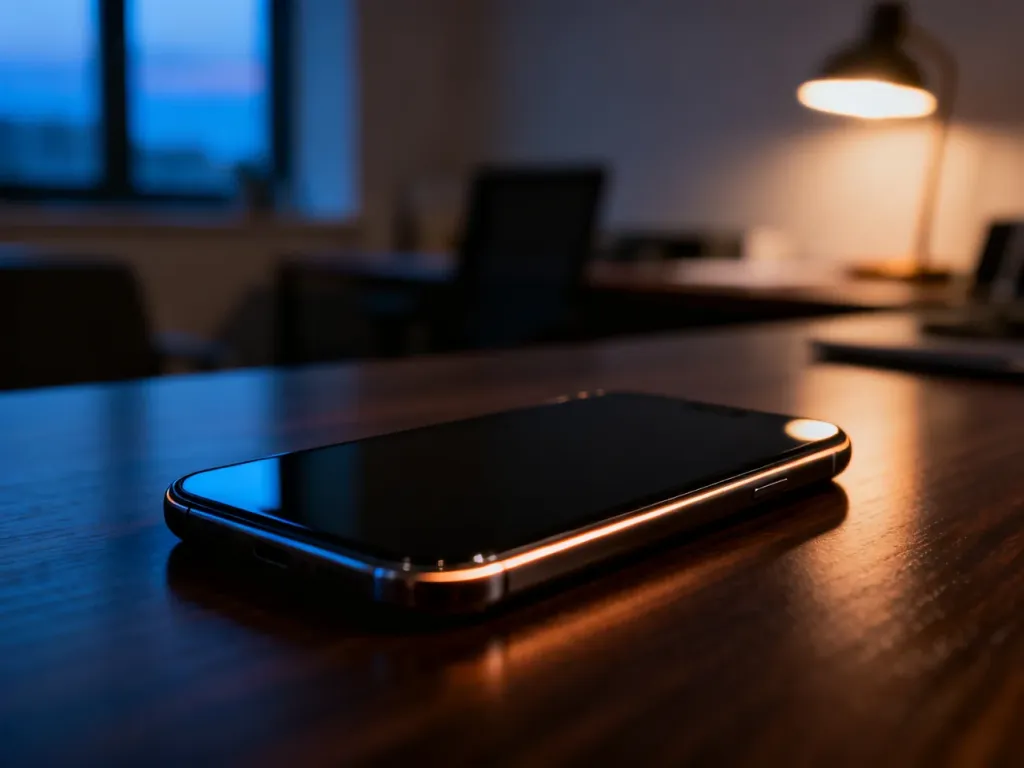 Nowoczesny smartfon z wygaszonym ekranem leżący na drewnianym biurku w przyciemnionym domowym biurze.