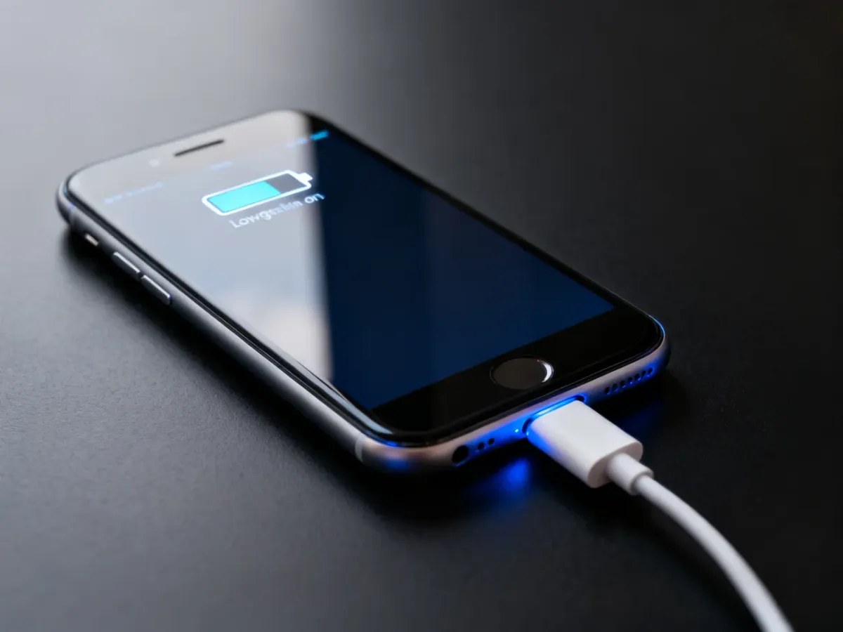 iPhone podłączony do ładowarki z ikoną rozładowanej baterii