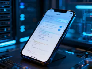 Nowoczesny smartfon z wygaszonym ekranem leżący na drewnianym biurku w domowym biurze.