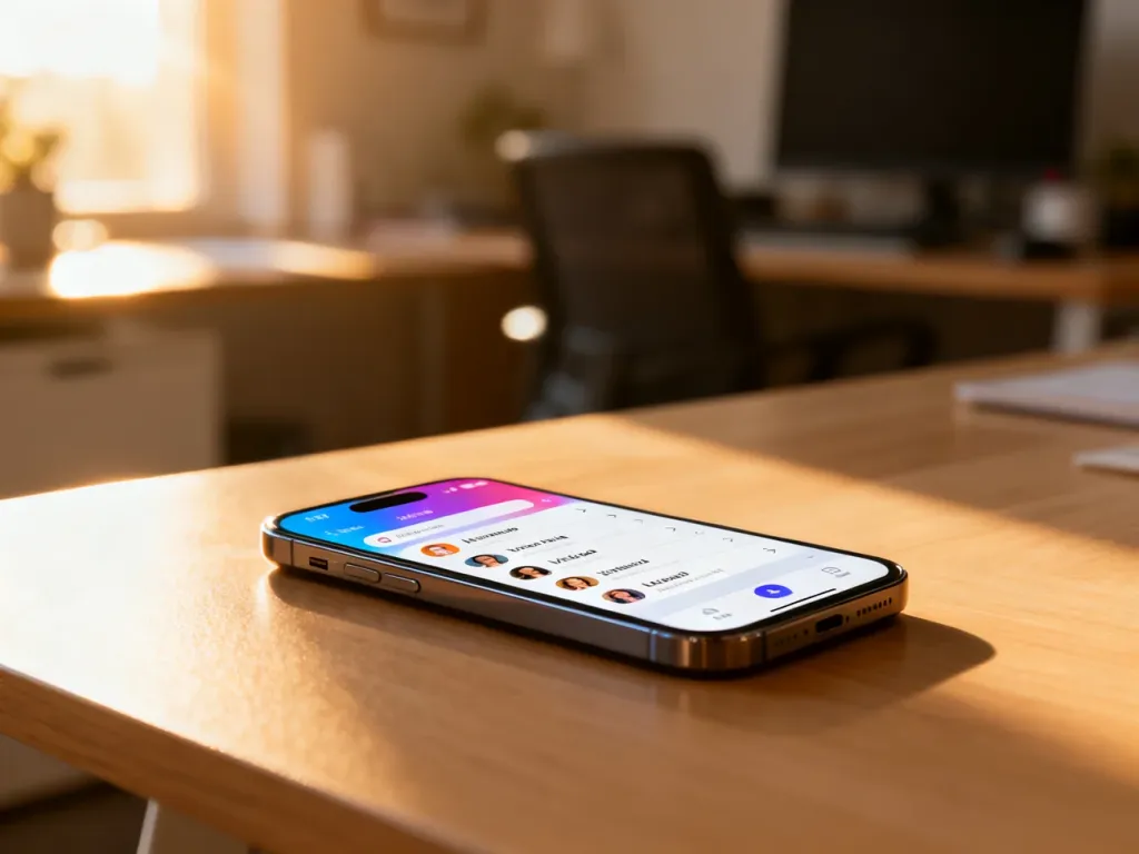 Nowoczesny smartfon z wyświetloną listą kontaktów na drewnianym biurku, gotowy do personalizacji dzwonków.