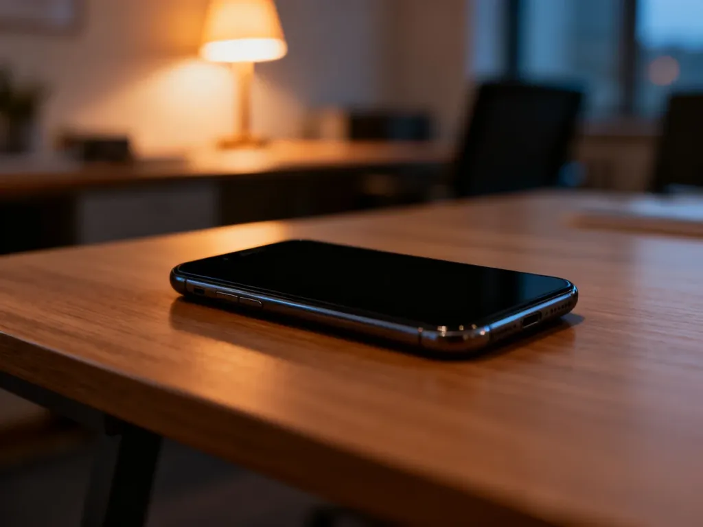 Wyłączony smartfon leżący na drewnianym biurku, ilustrujący problem z uruchomieniem urządzenia.